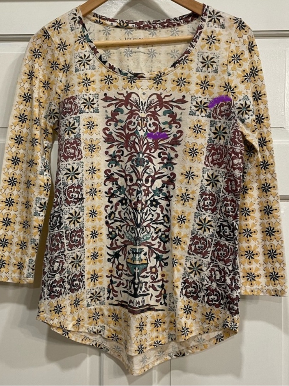 Lucky Brand Boho Tile Print Henley Top S Small Blue Mosaic Long Sleeve Knit Top